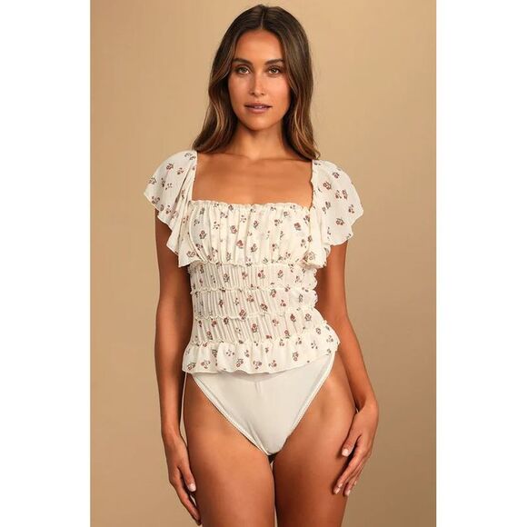 Free People Floral Print Ruffled Bodysuit In Ivory Combo S - Picture 2 of 3